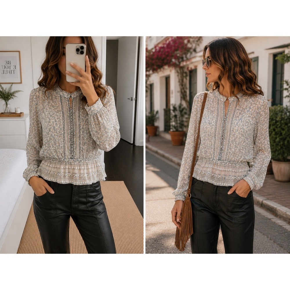 Free People If I Had You Ruffled Blouse M Sheer Boho Floral Long Sleeve Cottage